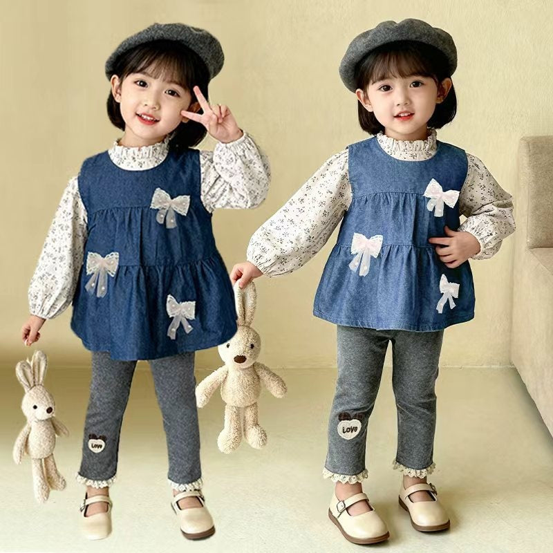 Baby Outfit Stylish Infant Clothes Girl Spring and Autumn Denim Three Bowknot Vest Three-Piece Set