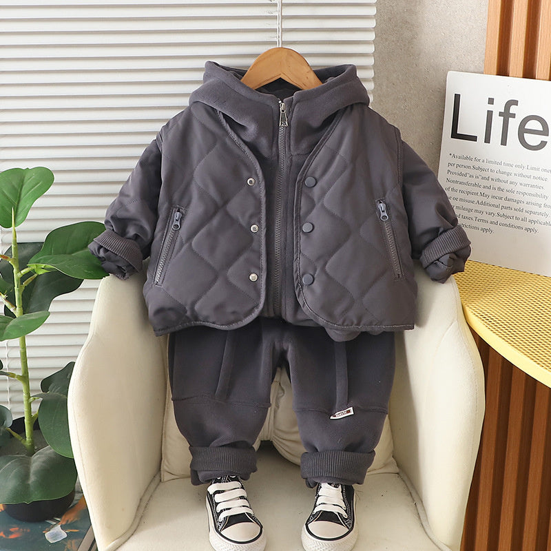Boys' Thickened Outfit Winter Korean Style Fashionable Children's Outerwear Zipper Pocket Vest Fleece Three-Piece Set Trendy