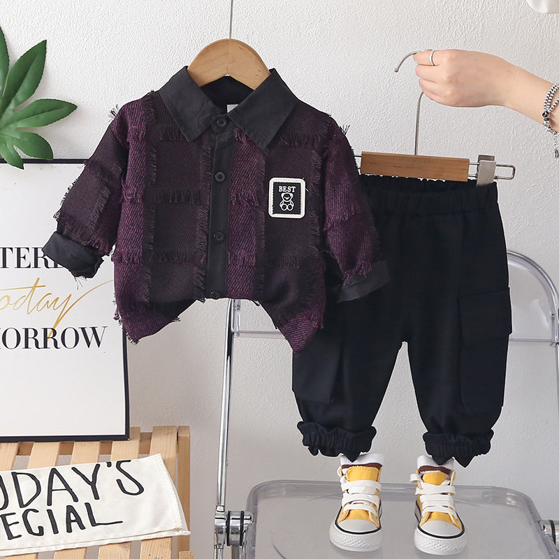 Boys' trendy and autumn style, children's fluffy plaid clothing, stylish baby outfit, two-piece spring outfit for boys
