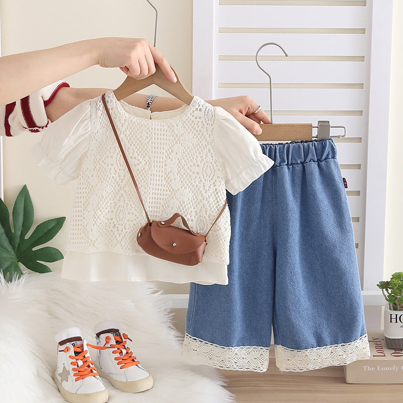 Baby Outfit Set 2026 New Model for Girls, Hollowed Out Short Sleeve, Infant Children's Clothing, Toddler Summer Solid Color Clothes