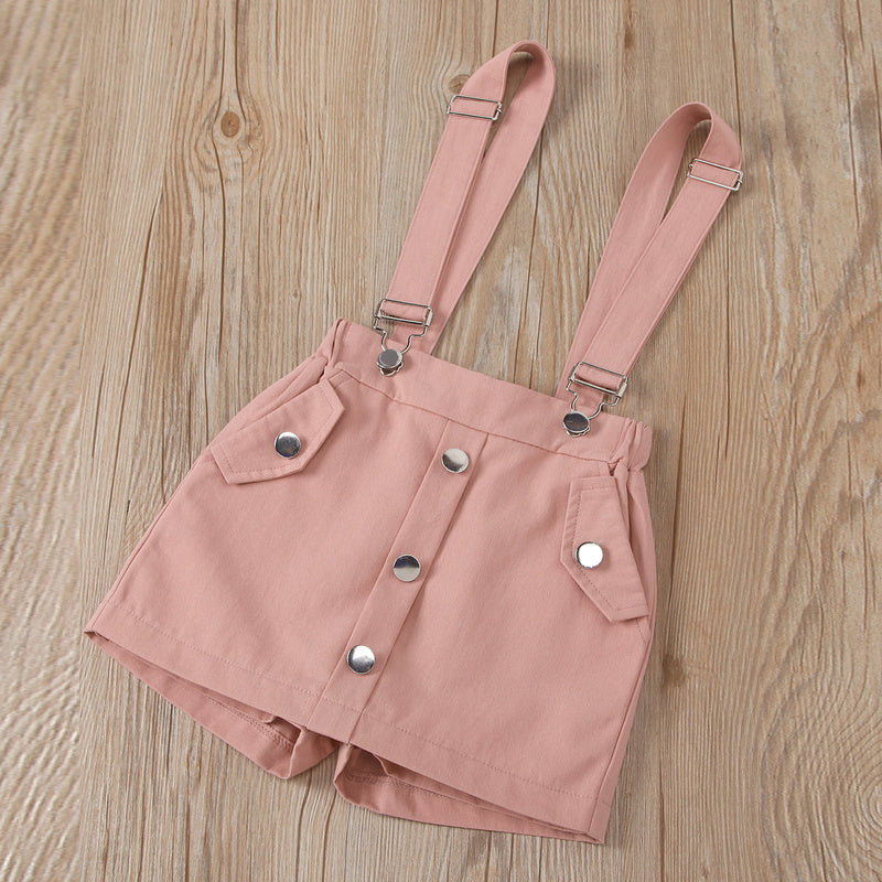 2022 European and American cross-border new children's clothing: solid color hollowed-out fly-sleeve round-neck top with detachable suspender shorts-skirt