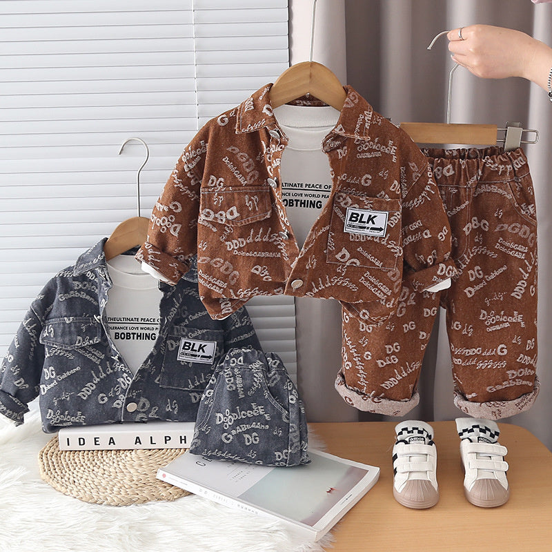 Boys' Spring and Outfit 2026 New Fashionable Children's Letter Print Denim Three-Piece Set Baby Autumn Jacket Trendy