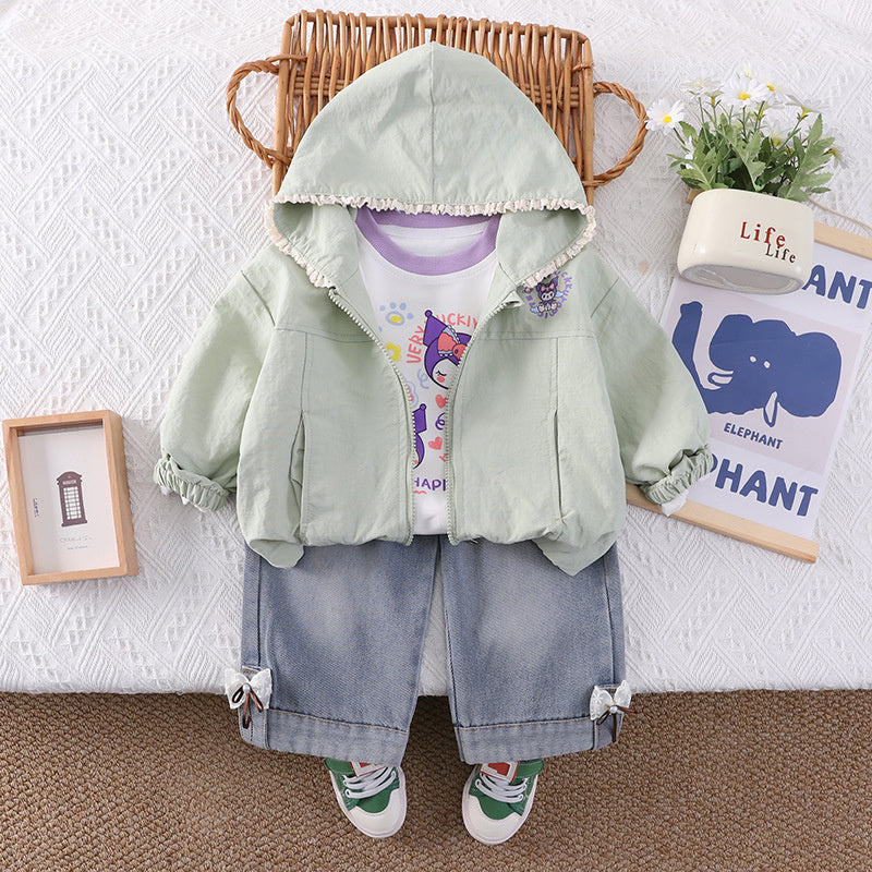 Baby outfit set, stylish children's clothing, toddler girl spring and autumn hooded cartoon jacket three-piece set