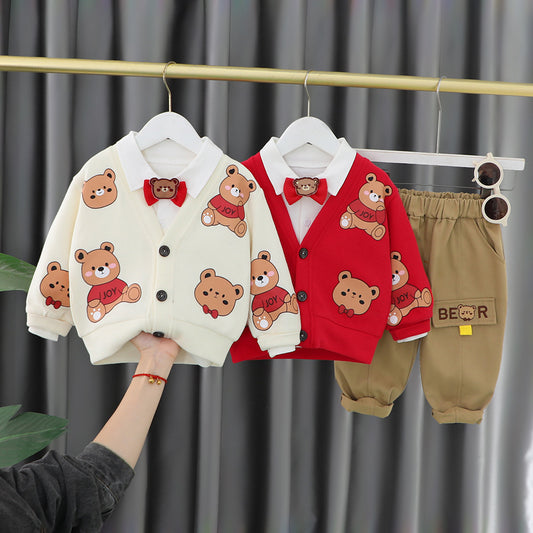 2023 Boys Long Sleeve Handsome Baby Boy Spring and Autumn Cute Bear Cardigan Little Children Three Piece Set