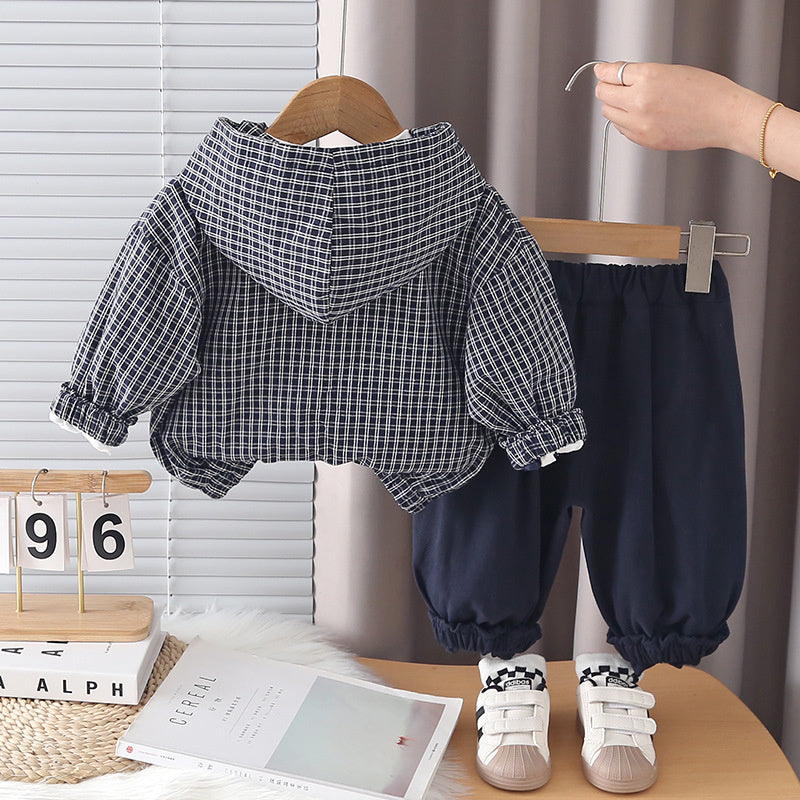 Boys' Spring Outfit 2026 New Fashionable Children's Spring-Autumn Plaid Hooded Jacket Three-Piece Set for Toddlers