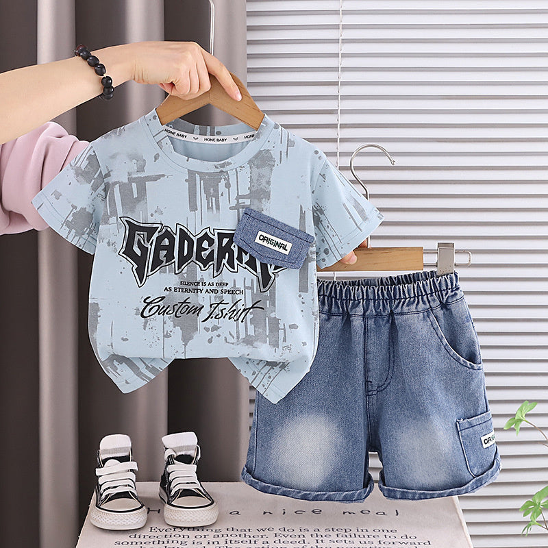 Boys' Summer Denim Flap Short Sleeve Set 2026 New Fashionable Casual Two-Piece Outfit for Toddlers