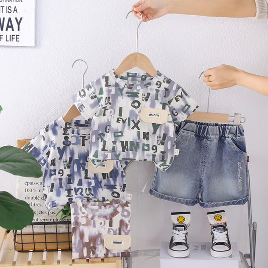 Boys' Outfit 2026 New Model Children's Short Sleeve Two-Piece Set with Pocket Cover, Baby Summer Casual Round Neck Clothes