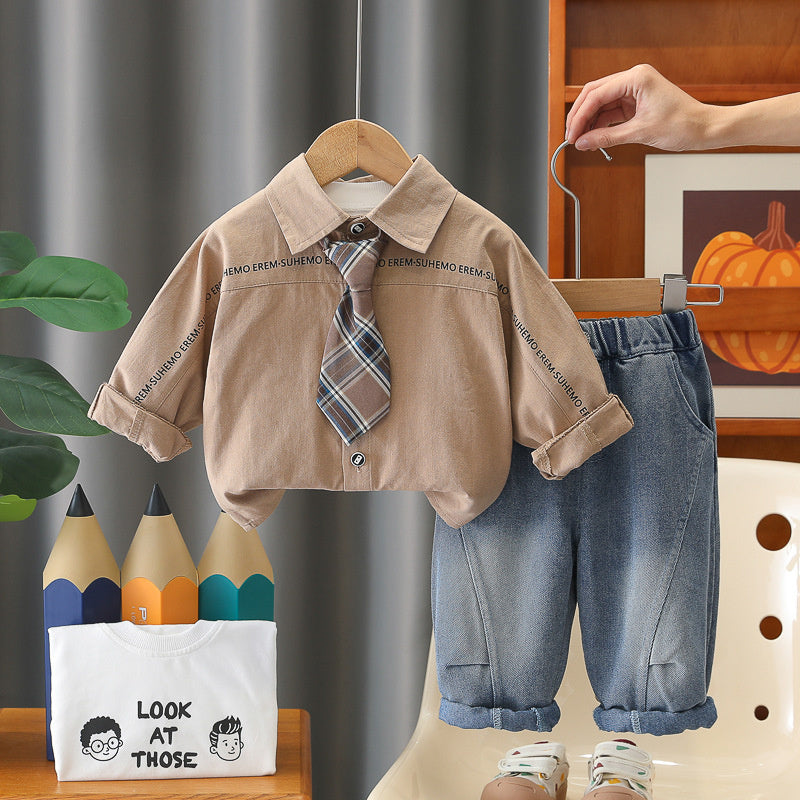 Boys' Spring and Autumn Suit 2026 New Fashionable Korean Style Casual Long Pants Tie Shirt Three-Piece Set Trendy