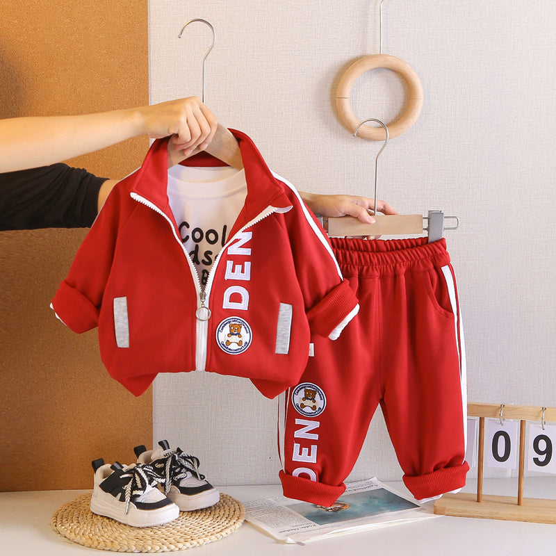 Boys' Outfit: Stylish Round-Logo Bear Three-Piece Set, Fashionable and Trendy Baby Spring Clothes for Toddlers