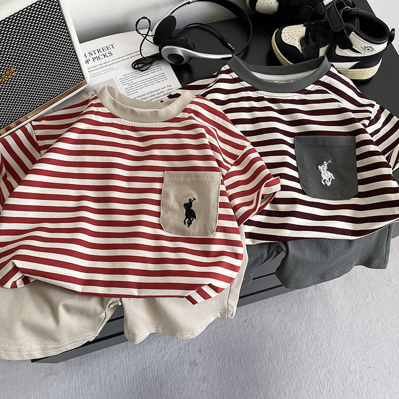 Boys' Outfit 2026 New Striped Embroidered Pocket Short Sleeve Two-Piece Set Children's Summer Clothes Trendy Kids' Wear