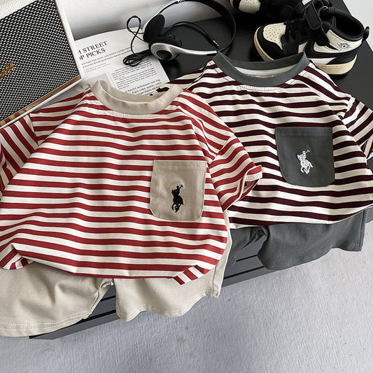 Boys' Outfit 2026 New Striped Embroidered Pocket Short Sleeve Two-Piece Set Children's Summer Clothes Trendy Kids' Wear