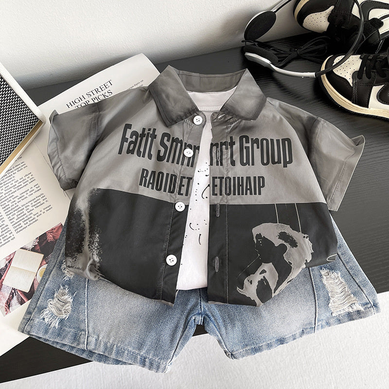 Outfit Children's Summer 2026 New Style Boys' Shadow Print Shirt Three-Piece Set Baby Short-Sleeve Clothes Trendy