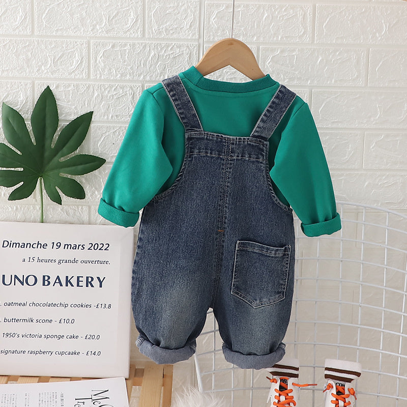 Children's Clothing Boys' Spring 2024 New Fashionable Cartoon Sweatshirt with Straps Two-Piece Set for Boys