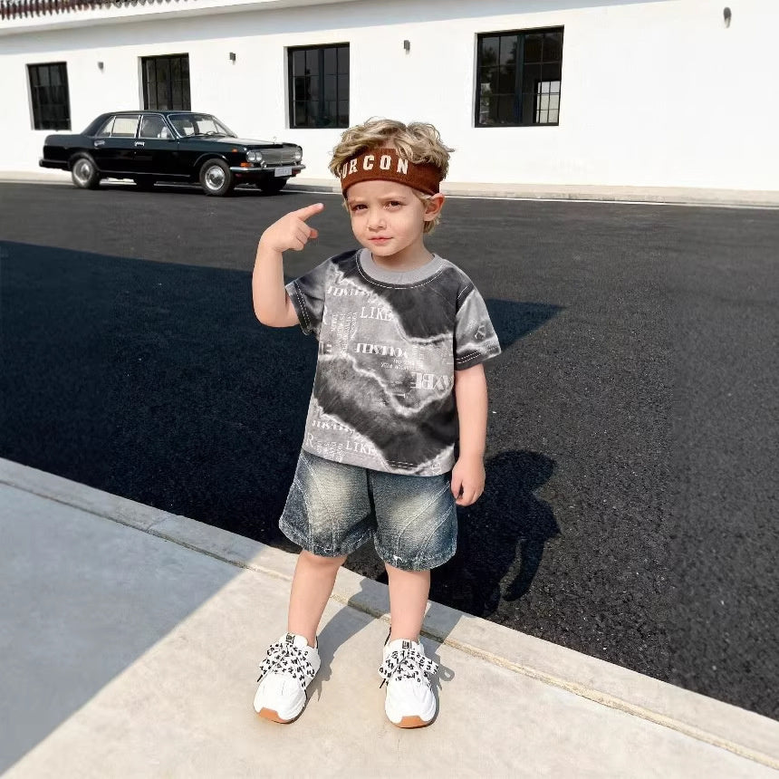 Boys' outfit, Korean style clothing for ages 1-5, casual and stylish summer wear, color-blocked short-sleeve two-piece set, T-shirt