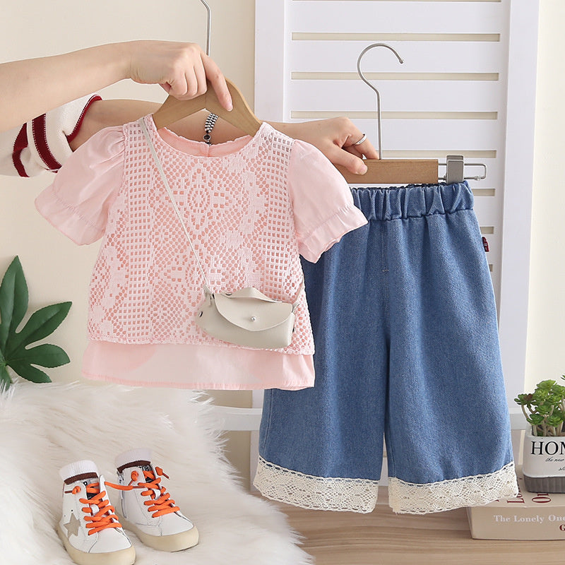 Baby Outfit Set 2026 New Model for Girls, Hollowed Out Short Sleeve, Infant Children's Clothing, Toddler Summer Solid Color Clothes