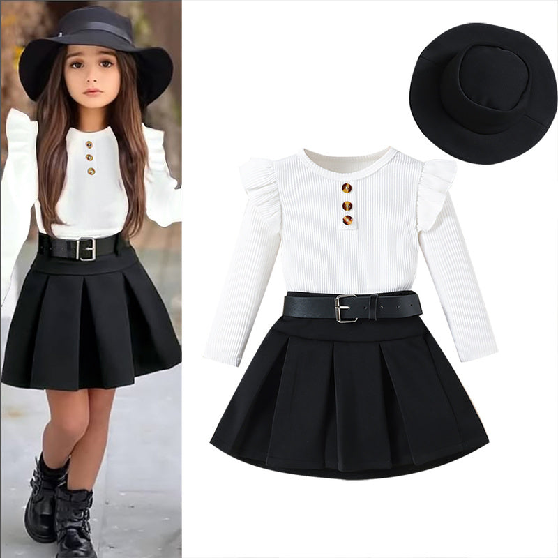 2025 European American Cross-Border Autumn New Girls' Solid Color Flutter Sleeve Top + Pleated Skirt with Belt and Hat Four-Piece Set