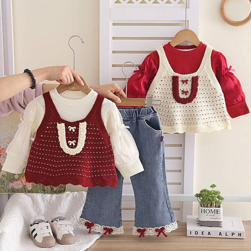 Baby Girl's and Autumn Fashionable 2-piece Outfit, Korean Style Infant Clothing for 1-year-old Girls, Spring Bowknot Three-piece Set