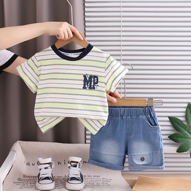 Boys' Outfit 2026 New Style Children's Striped Short-Sleeve Fashionable Baby Summer Thin Two-Piece Set Trendy