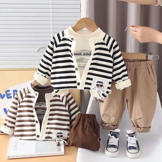 Boys' Outfit Stylish One-Year-Old Baby Spring and Autumn Striped Cardigan Three-Piece Set Infant Toddler Clothing Trendy