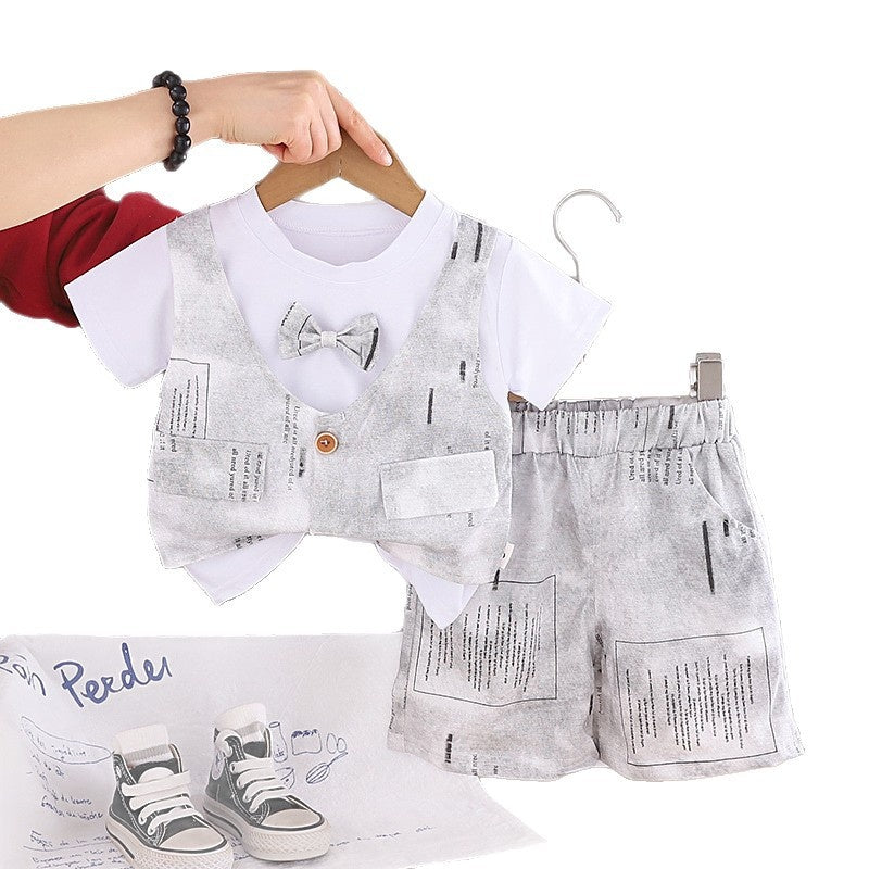 Boys' Outfit 2026 New Short-Sleeve Children's Clothing Baby Summer Bow Tie Vest Fake Three-Piece Trendy Set