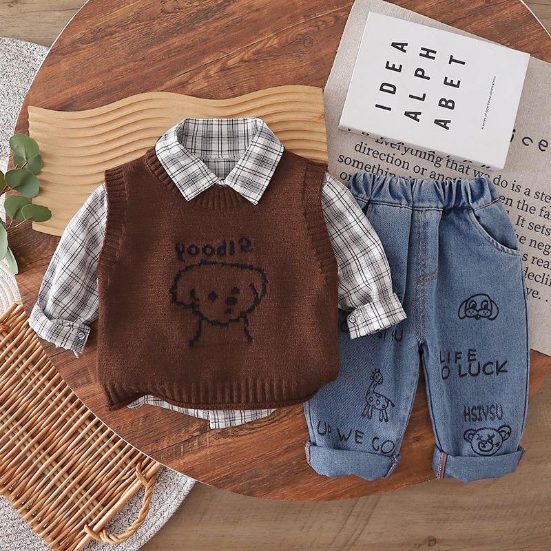 Boys' Outfit 2026 New Style Infant Children's Spring Autumn Puppy Sweater Vest Three-Piece Set Cute and Trendy for Baby Boys