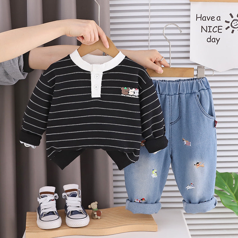 Boys' Outfit 2026 New Striped Patchwork Sweatshirt Two-Piece Set Baby Spring Stylish Toddler Clothes Children's Clothing
