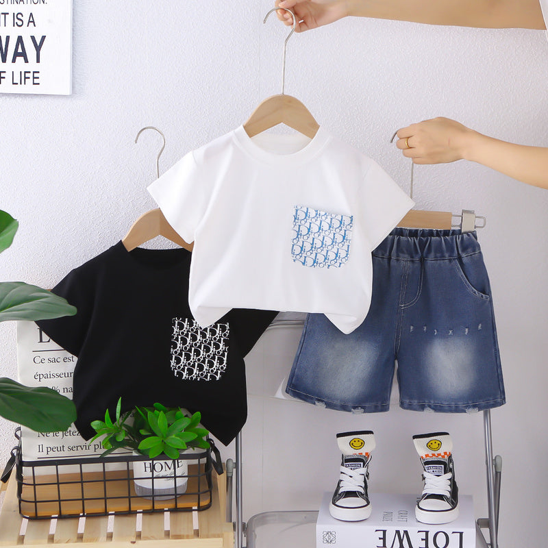 Baby Outfit 2026 New Summer Style Boys' Letter Pocket Short Sleeve Shorts Two-Piece Set Children's Sports Trend