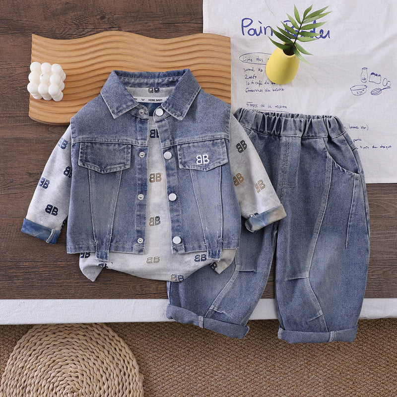 Boys' Outfit 2026 New Fashionable Children's Denim Vest Three-Piece Set Baby Spring and Autumn Casual Trend