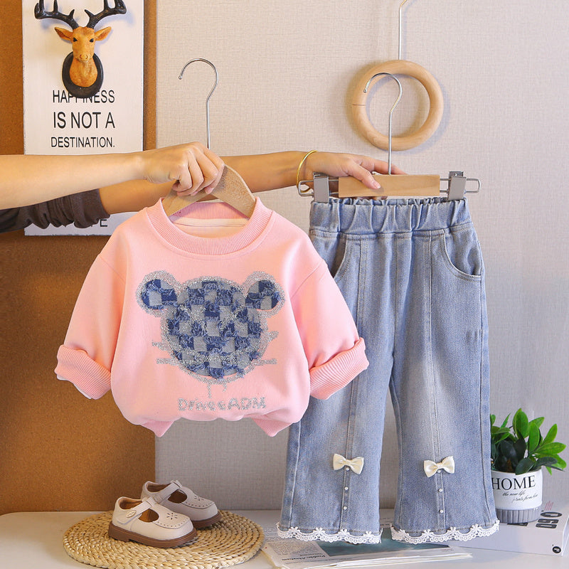 Girls' Outfit 2026 New Fashionable Baby Girl Spring and Autumn Plaid Bear Head Sweatshirt Two-Piece Set