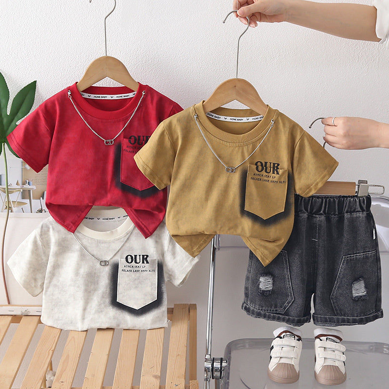 Boys' outfit, Korean style clothes for 1-5 year old boys, casual summer wear with pockets, short-sleeved two-piece set, trendy