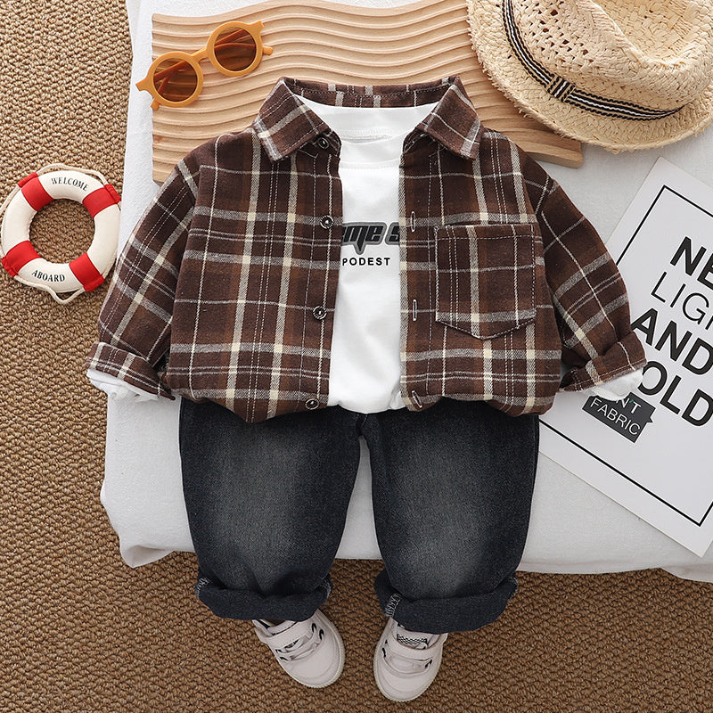 Boys' Spring Outfit 2025 New Stylish Plaid Shirt Little Boy Handsome Fashion Casual Long Pants Three-Piece Set