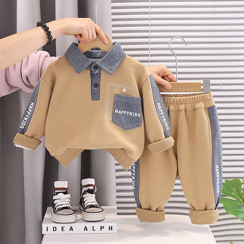 Boys' Suit Spring and Autumn 2026 New Denim Pocket Sweatshirt Toddler Long Sleeve Baby Korean Style Two-Piece Set Trendy