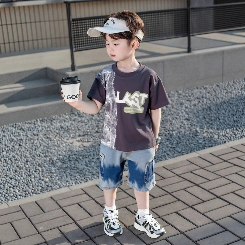 2026 Summer New Foreign Trade Style Boys' Round Neck Short Sleeve Baby Boy's Casual Denim Shorts Two-Piece Set, Dropshipping Available