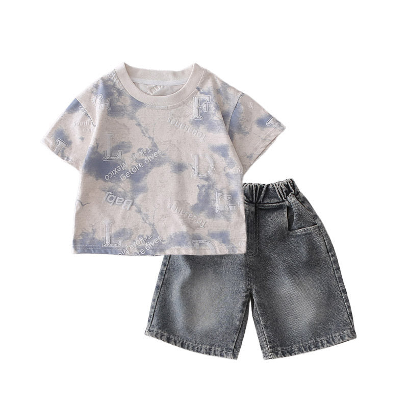 Boys' Short-Sleeve 2026 New Summer Outfit Baby Korean Version Full-Print English Foam Thin Two-Piece Trendy Set