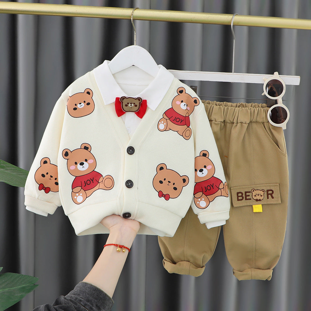 2023 Boys Long Sleeve Handsome Baby Boy Spring and Autumn Cute Bear Cardigan Little Children Three Piece Set