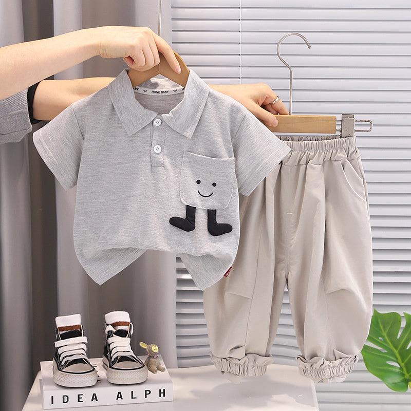 2026 New Summer Boys' Smiley Face Pocket Short Sleeve Set, Stylish Thin Casual Two-Piece Outfit for Baby Boys