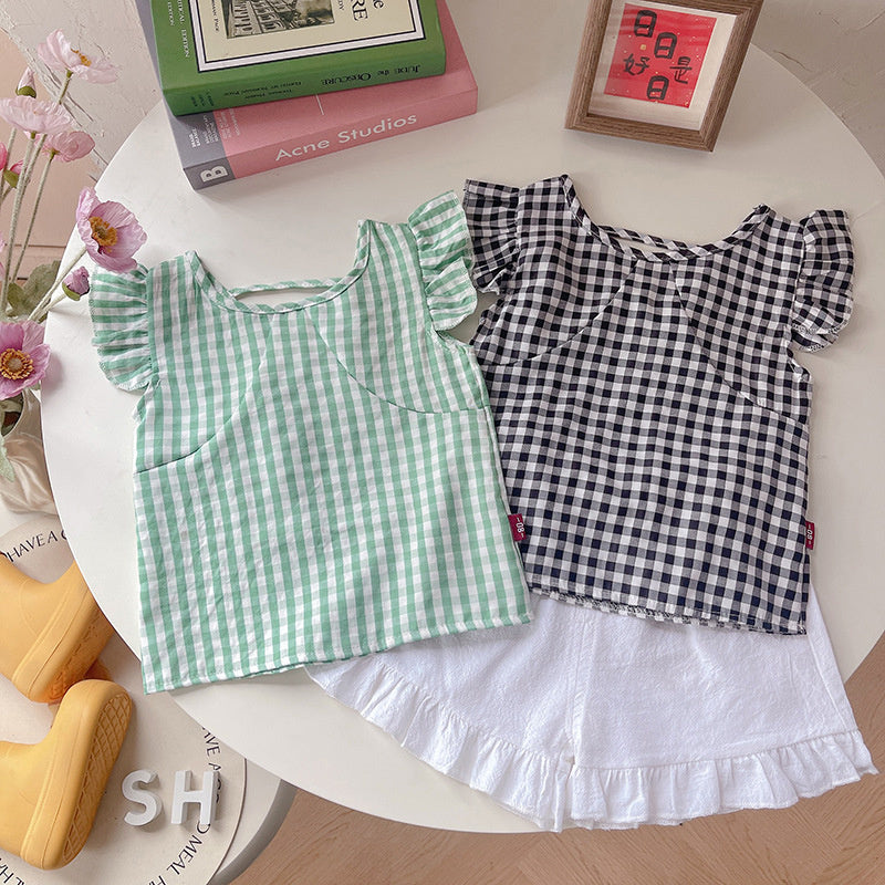 Girls' 2026 New Fashionable Children's Clothing, Flutter Plaid Short Sleeve Shorts, Baby Girl Summer Outfit