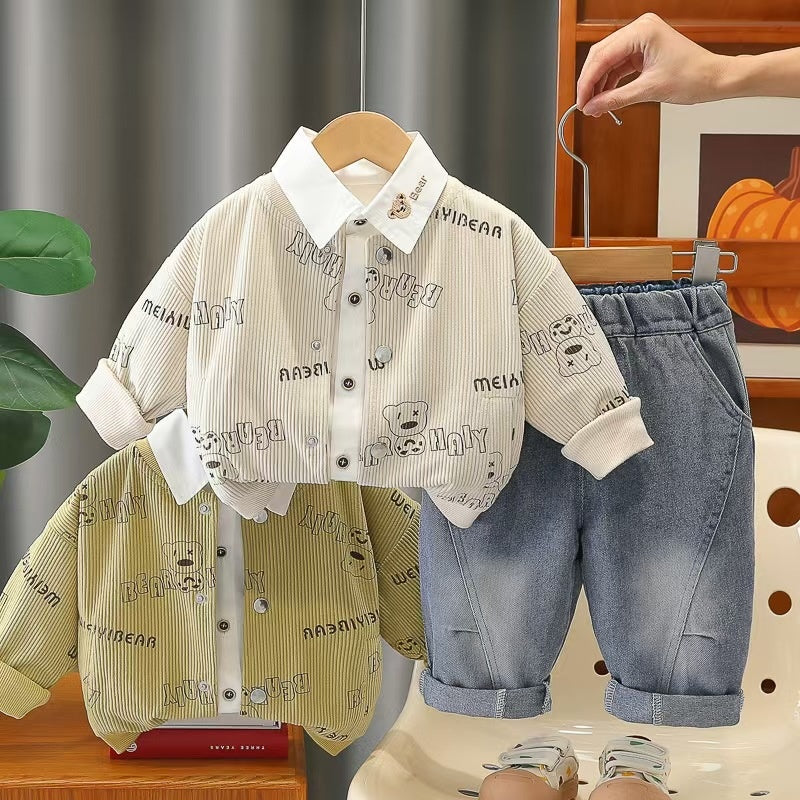 Clothes Spring and Autumn, Cute Casual Bear Shirt Boys, Long Sleeve Three-Piece Set for 0-2 Year Olds, Baby Jacket