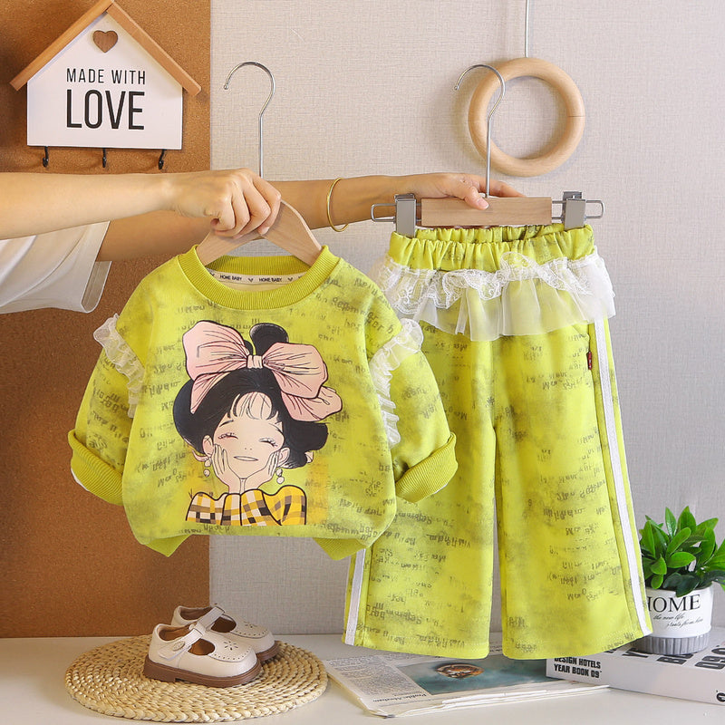 Girls' Autumn Outfit 2026 New Fashionable Bowknot Little Girl Sweatshirt Two-Piece Set Baby Children's Trendy Clothing