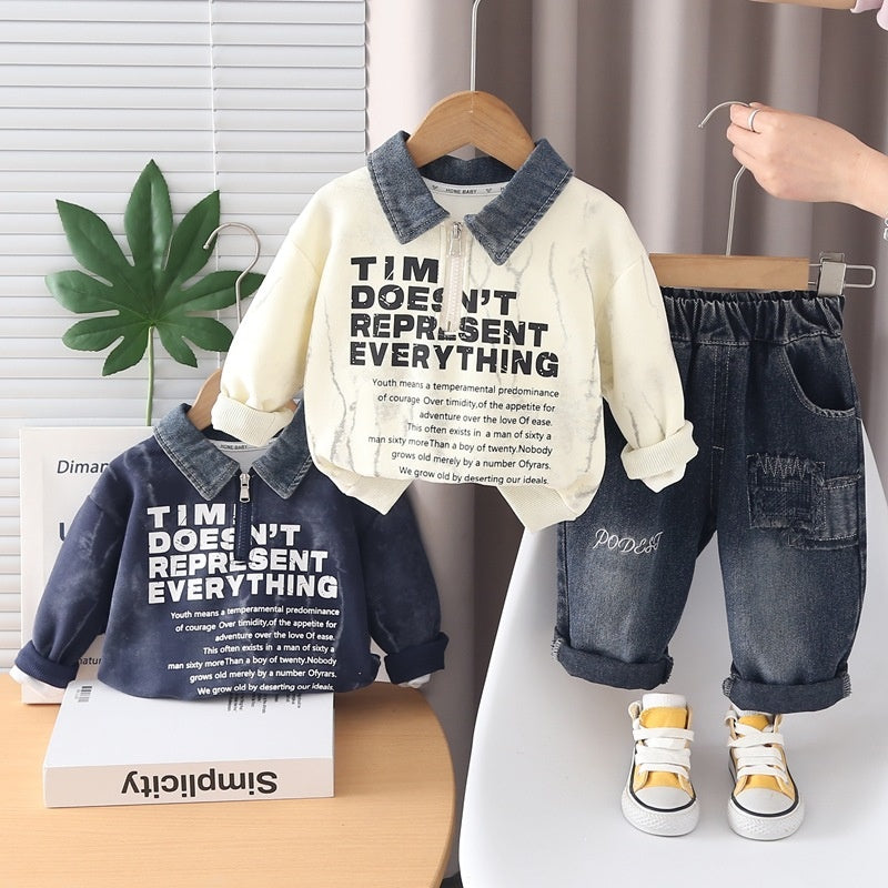 Baby clothes spring, stylish Korean-style loose long-sleeve half-zip sweatshirt set for boys aged 0 to 2 years old