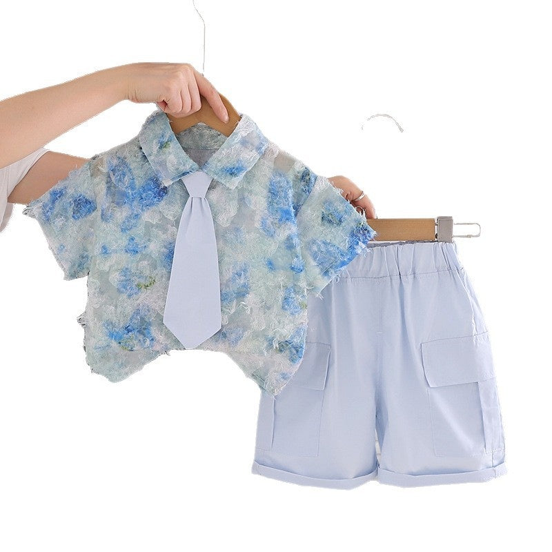 Boys' Summer Outfit 2026 New Style for Young Children, Fresh Floral Pattern, Stylish Short-Sleeve Shirt and Tie Two-Piece Set