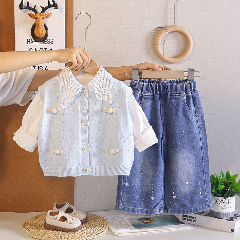 Girls' Spring and Autumn Outfit 2026 New Fashionable Candy-Colored Sweater Three-Piece Set for Children, Trendy Baby Fall Clothes