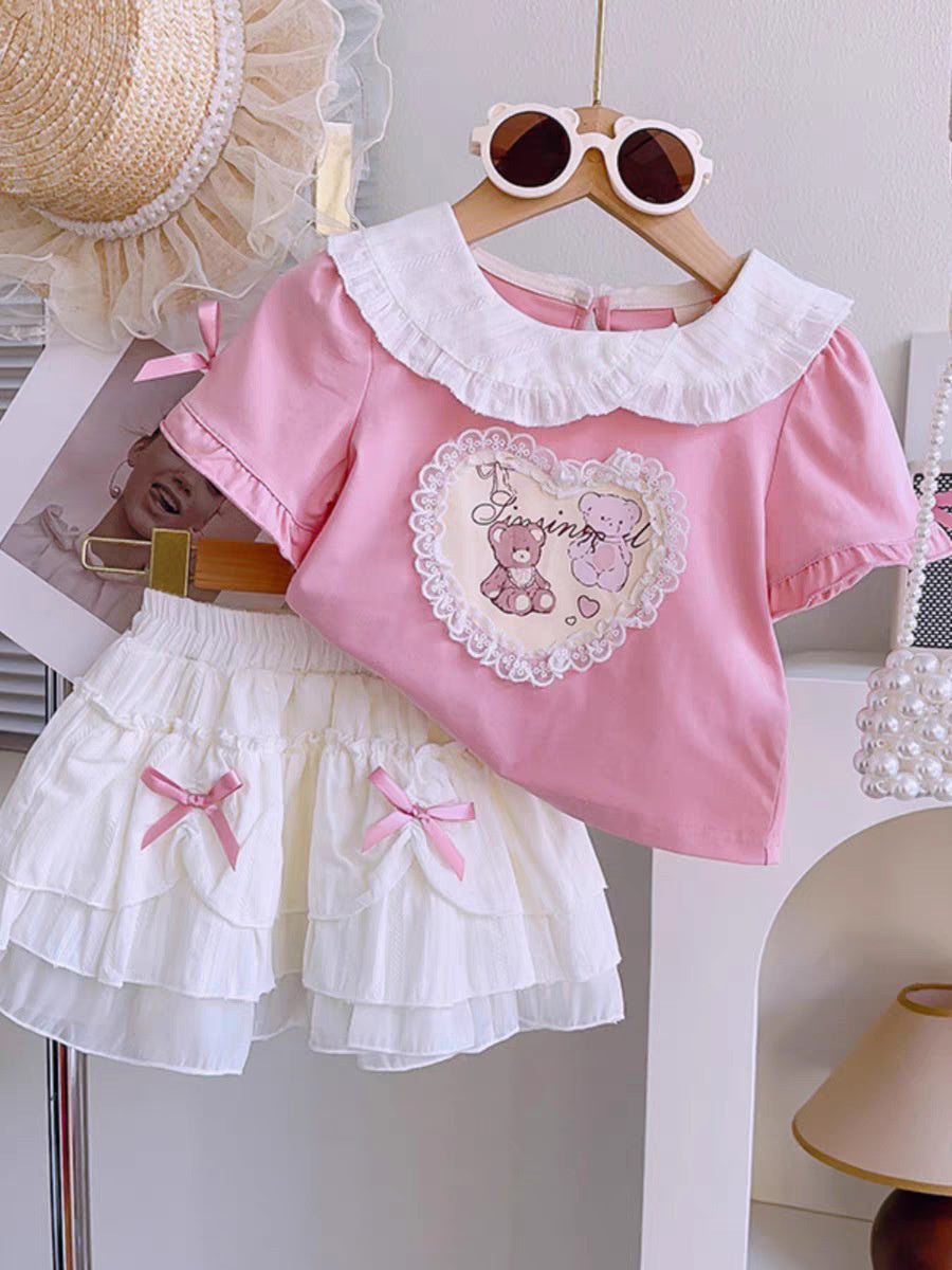 25006 Girls' 2025 Spring/Summer New Cartoon Cute Print Short Sleeve Top and Skirt Two-Piece Set