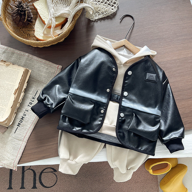 Children's Autumn Clothing 2026 New Style Boys' Casual Leather Jacket Three-Piece Set Stylish Outfits for Toddlers Wholesale