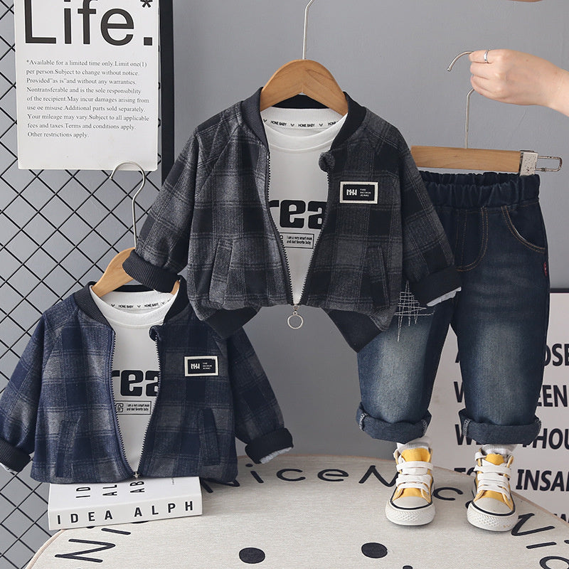 Boys' Outfit 2026 New Fashionable Baby Casual Stand Collar Plaid Jacket Children's Spring and Autumn Three-Piece Set