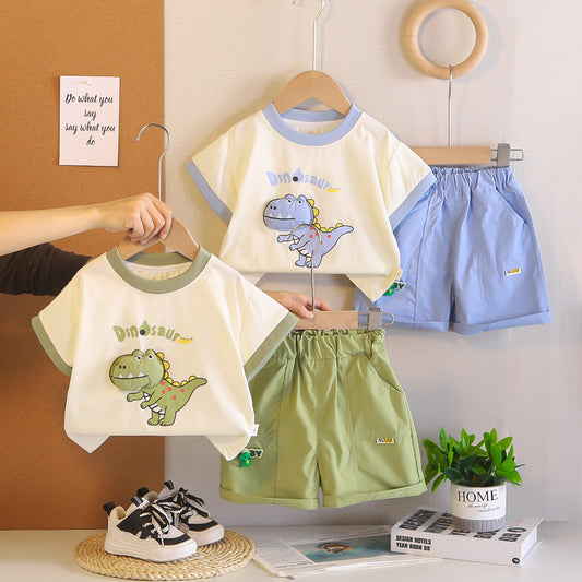 Boys' Outfit Dinosaur Round Neck Short Sleeve New Fashionable Summer Two-Piece Set for Baby Boys with Shorts