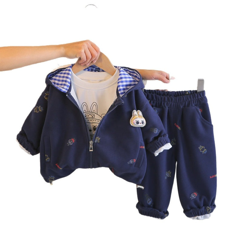 Boys' and Autumn Outfit 2026 New Children's Spring Hooded Cartoon Three-Piece Set Casual Clothes for Boys