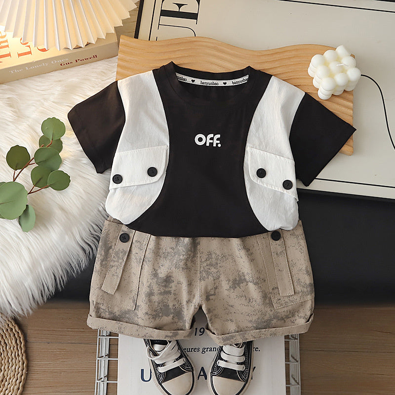Boys' Outfit 2026 New Fashionable Baby Two-Piece Set with Double-Button Faux Pockets and Short Sleeves, Children's Summer Clothing