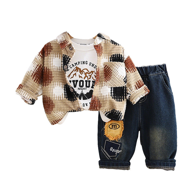 Boys' spring outfit set, clothing for boys aged 1-2-3 years, baby clothes, children's checkered shirt three-piece trendy set