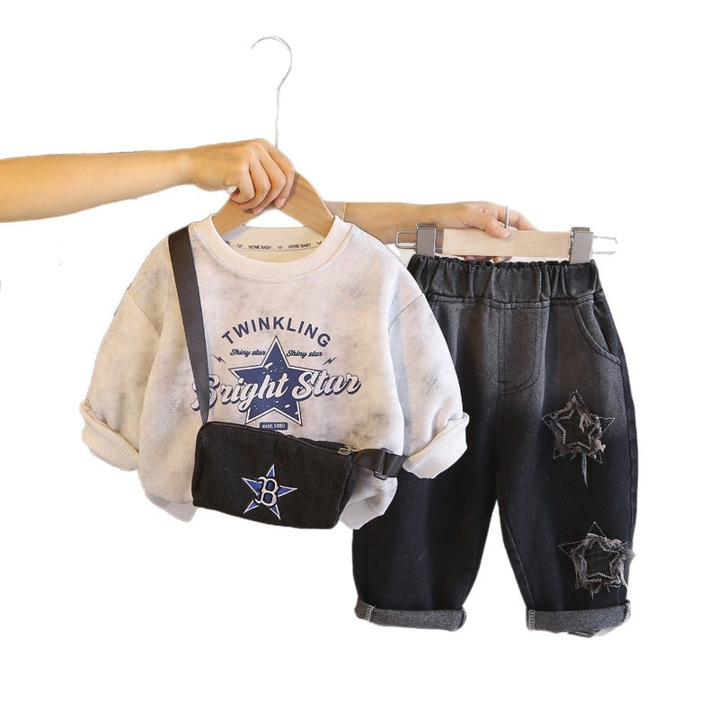 Boys' Stylish Spring and Autumn Outfit 2026 New Children's Star Pattern Hoodie Two-Piece Set Long Sleeve Baby Clothes